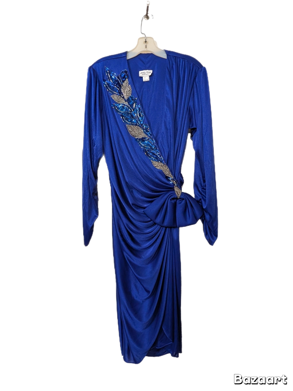 Vintage Abby Kent 80s Cobalt Draped Wrap Drese with Sequin Leaf Detail